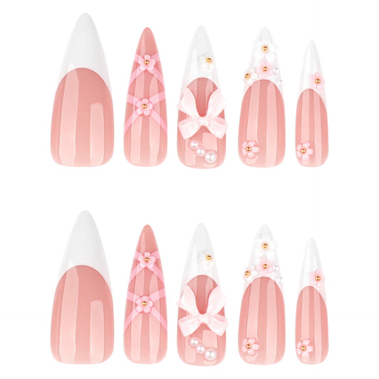 Romantic Blossom Long Stiletto Pink Nail Set with Charming Ribbon and Floral Accents