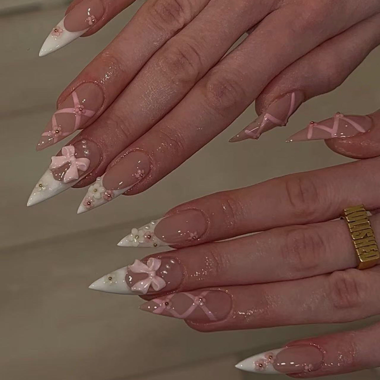 Charming Floral Fantasy Long Stiletto Pink and White Press on Nail Set with Delicate Bow and Pearl Accents