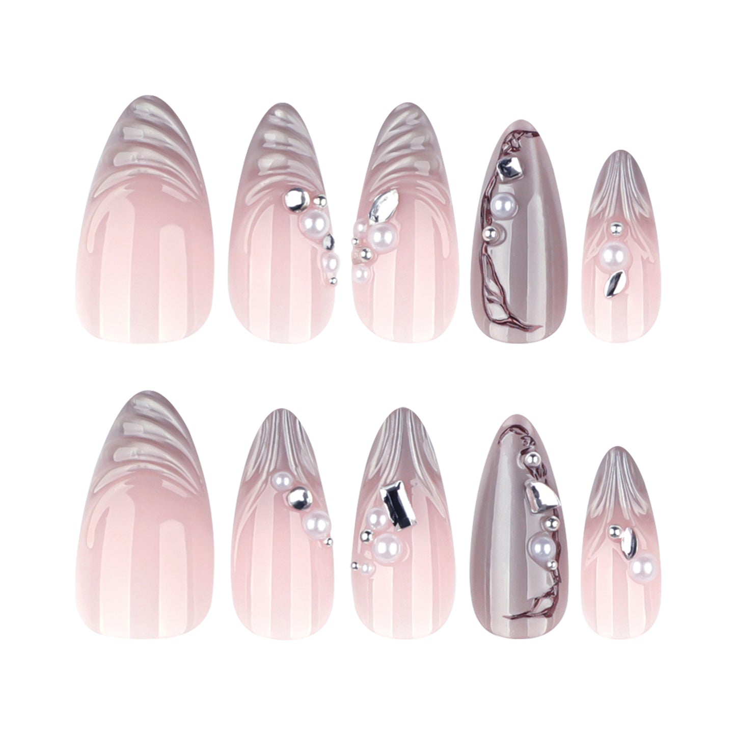 Dreamy Elegance Gradient Long Almond Pink Press On Nail Set with Pearl and Metallic Accents