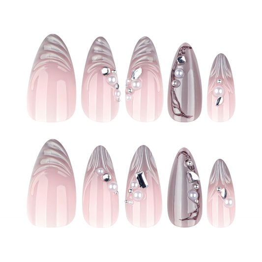 Dreamy Elegance Gradient Long Almond Pink Press On Nail Set with Pearl and Metallic Accents