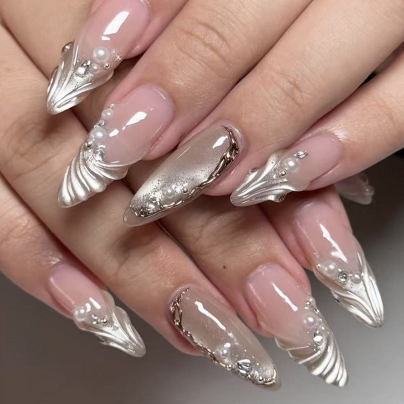 Elegant Oceanic Dream Long Almond Clear and Silver Charming Pearl Detail Press on Nail Set