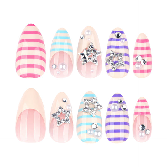 Cosmic Chic Press On Nail Set in Medium Almond Shape with Pastel Stripes and Sparkling Star Accents