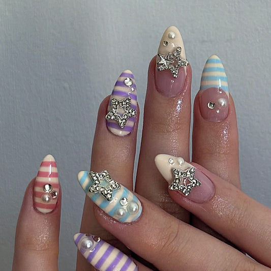 Celestial Dream Candy Stripe Medium Almond Pastel Press on Nail Set with Glittering Star Accents