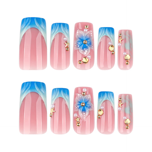 Blossom Dreams Press on Nail Set Long Square Pink with Blue Gradient and Floral Pearl Accents