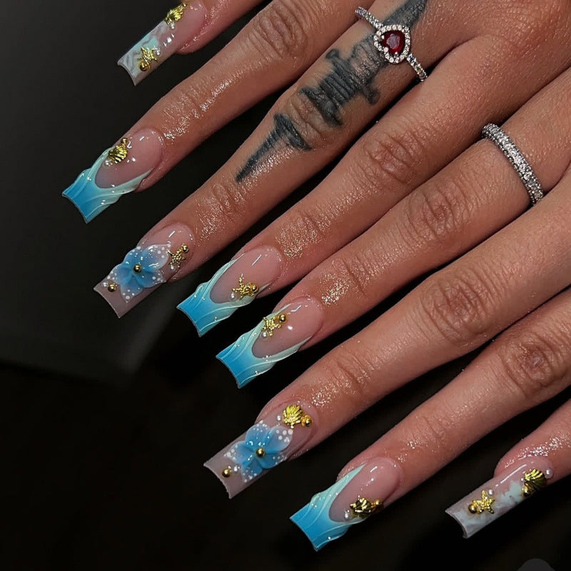 Enchanting Ocean Breeze Press-On Nail Set Long Square Blue with Floral Accents