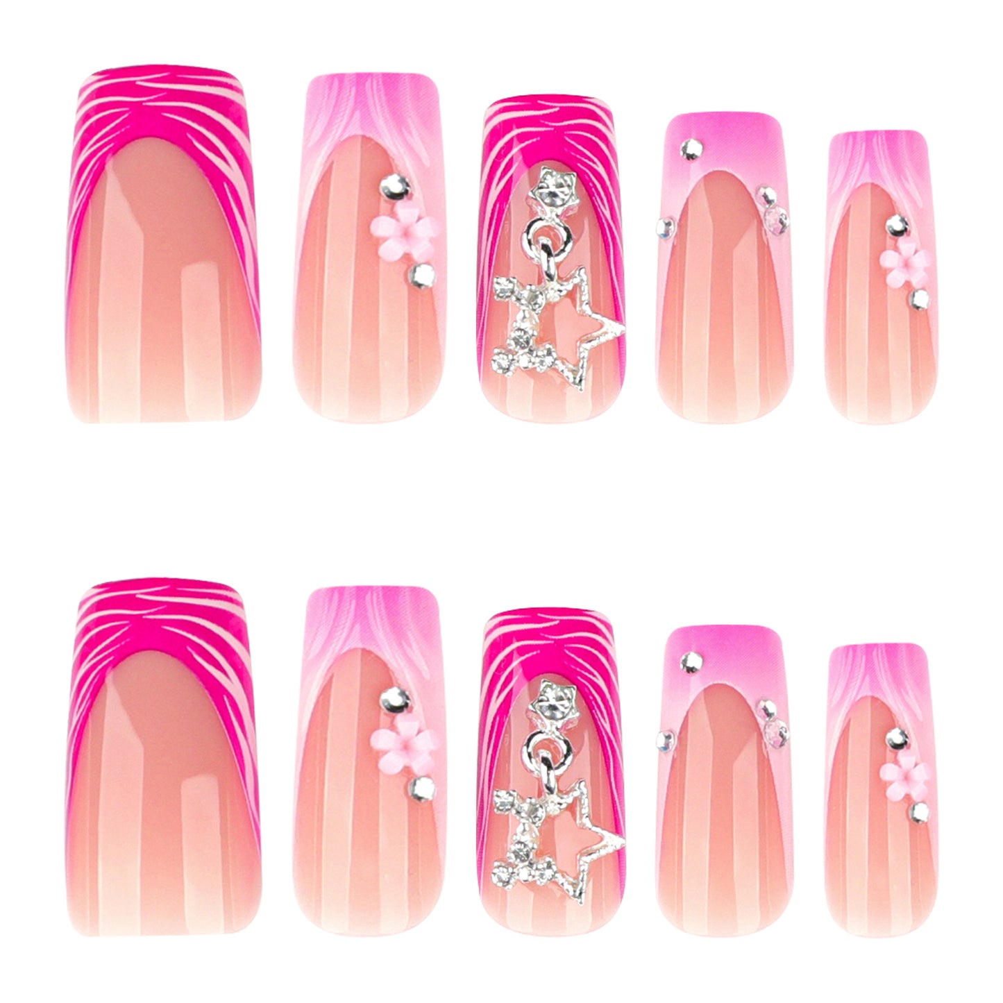 Glamorous Floral Fantasy Long Square Pink Ombre with Crystal Star Charm Press On Nail Set