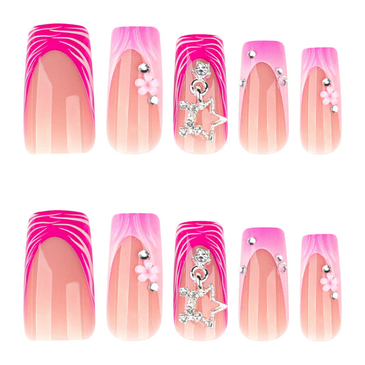 Glamorous Floral Fantasy Long Square Pink Ombre with Crystal Star Charm Press On Nail Set