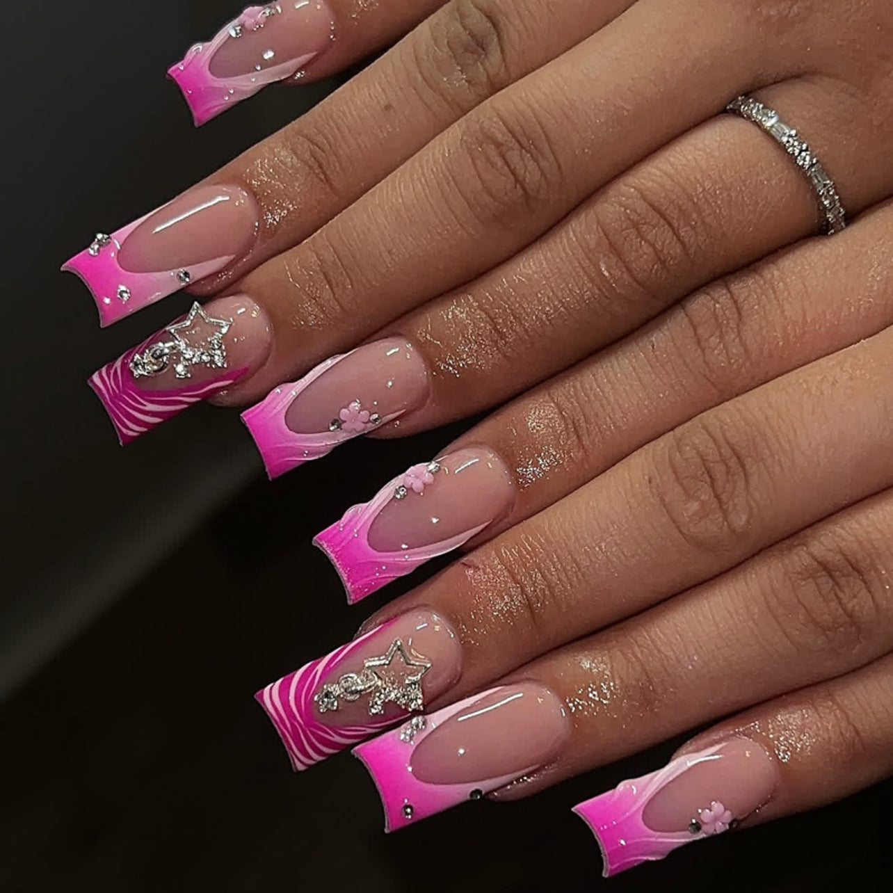 Dreamy Coral Elegance Long Square Pink Gradient Press On Nails with Dazzling Floral Accents