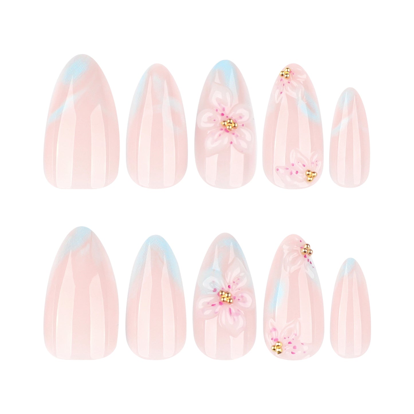 Blossom Dreams Medium Almond Pink Press On Nail Set with Unique Floral Accents