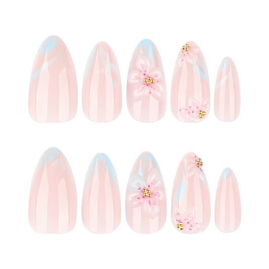 Blossom Dreams Medium Almond Pink Press On Nail Set with Unique Floral Accents