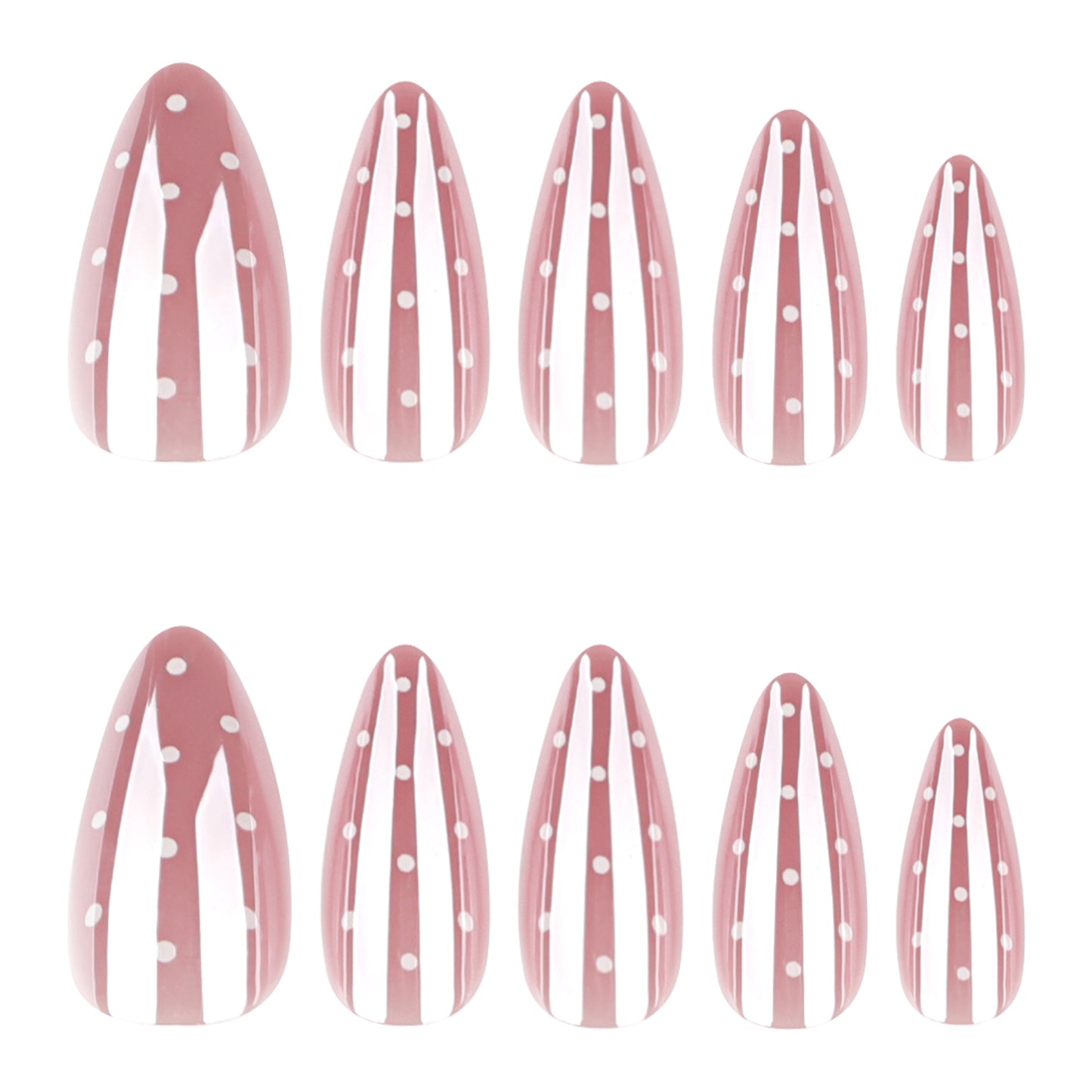 Charming Rose Dream Long Almond Blush Pink with White Stripes and Polka Dots Press on Nail Set