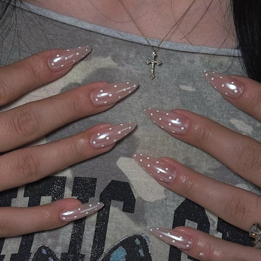 Glamorous Elongated Long Almond Shaped Translucent Pink Glossy Press On Nail Set with Charming White Dots