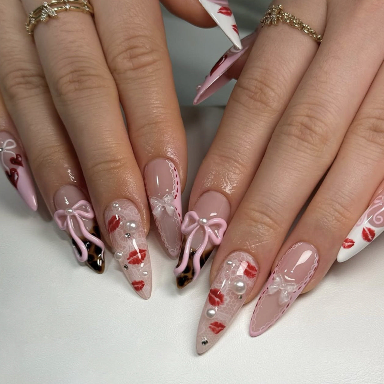 Romantic Dance Cherry Pink Long Stiletto Shape Glossy Finish with Whimsical Bow Details Press On Nail Set