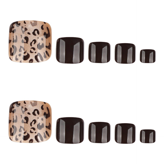 Wild Safari Chic Short Square Glossy Black and Leopard Pattern Press On Toenail Set for Effortless Glamour