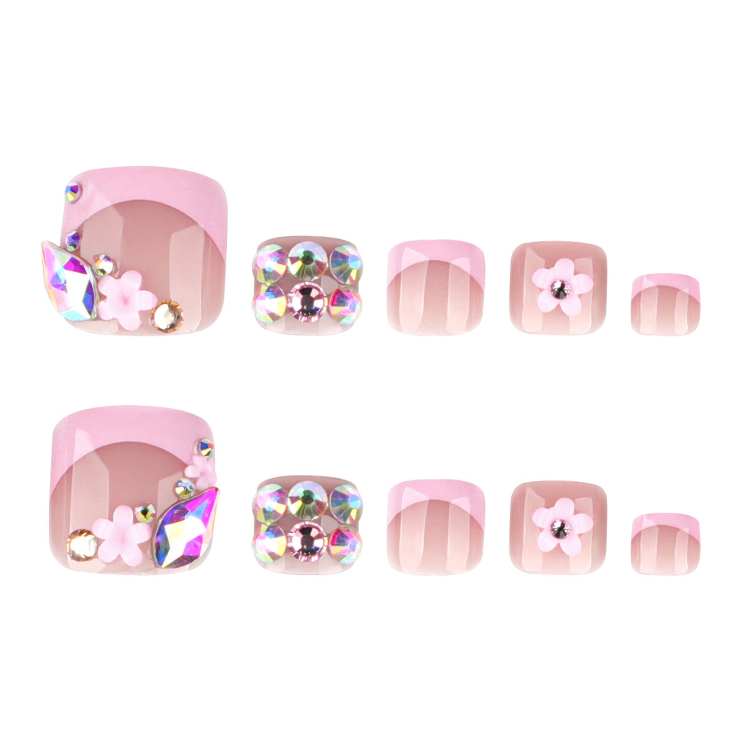 Delicate Blossom Inspired Short Square Blush Pink Press On Toenail Set with Floral and Gemstone Accents