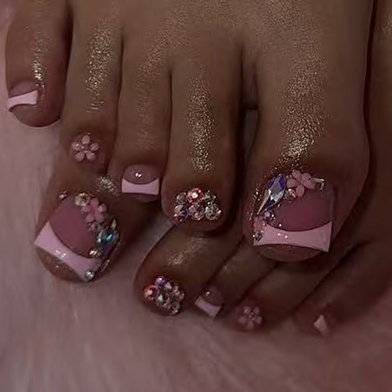 Charming Garden Inspired Short Square Pink Press On Toenail Set with Floral and Gemstone Accents
