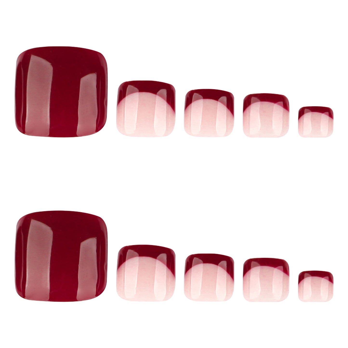 Elegant Charm Short Square Shaped Burgundy Gradient Press on Toenail Set with Glossy Finish