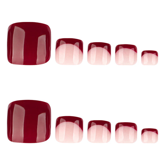 Elegant Charm Short Square Shaped Burgundy Gradient Press on Toenail Set with Glossy Finish