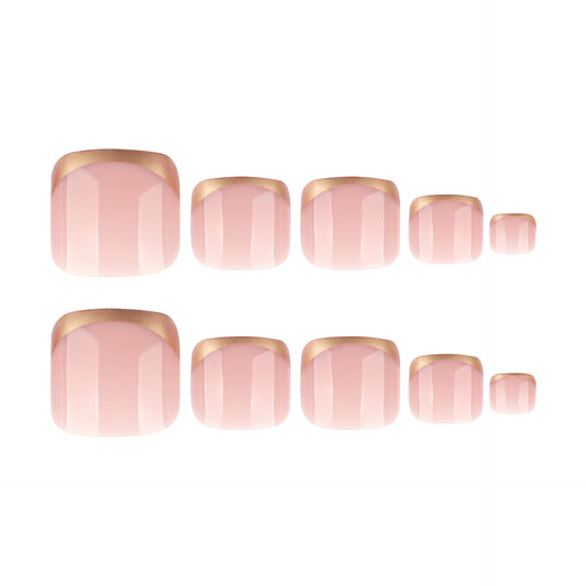 Blushing Elegance Short Square Pink Press On Toenail Set with Glossy Finish and Gold Tip Accent