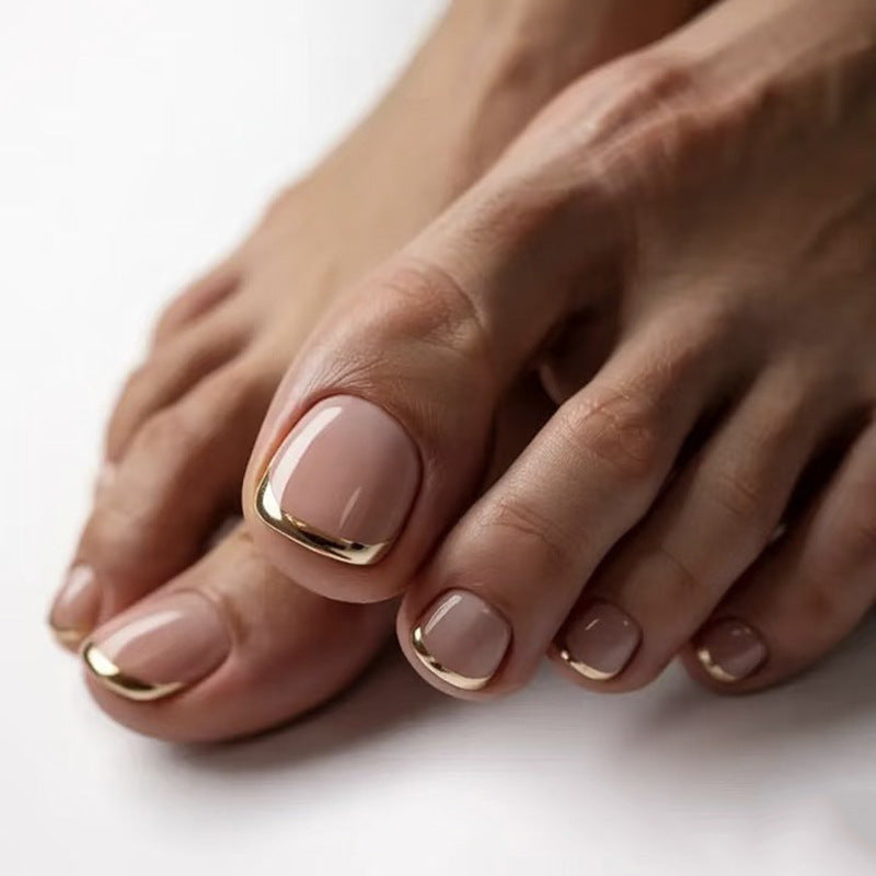 Glamorous Elegance Short Square Shaped Blush Pink Press On Toenail Set with Chic Golden Tips