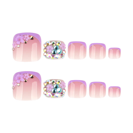 Blossom Dream Short Square Pink Glossy Press on Toenail Set with Floral and Rhinestone Accents