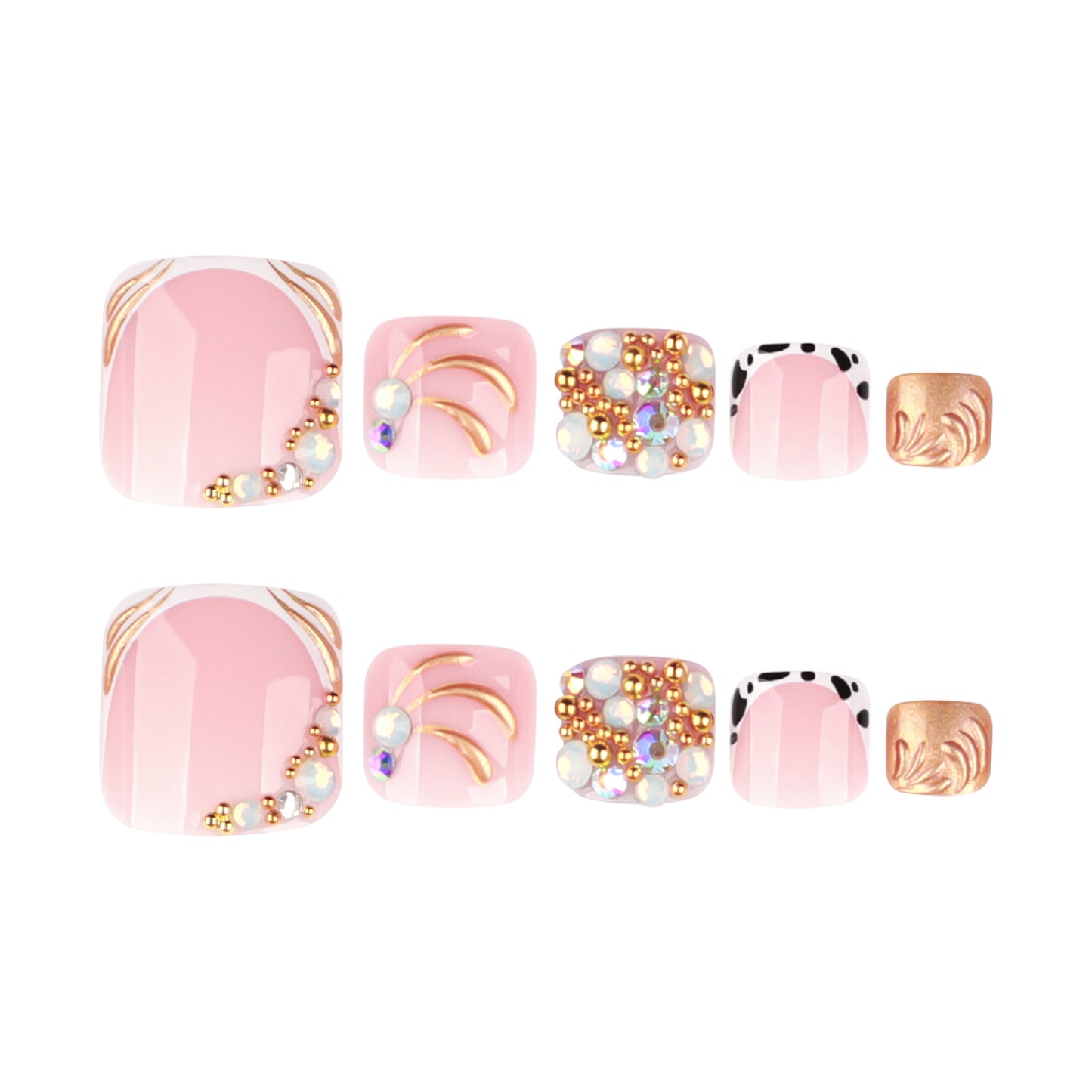 Chic Blossom Pink Short Square and Oval Press On Toenail Set with Stunning Gemstone Accents