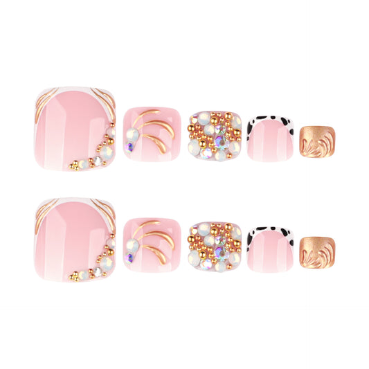 Chic Blossom Pink Short Square and Oval Press On Toenail Set with Stunning Gemstone Accents