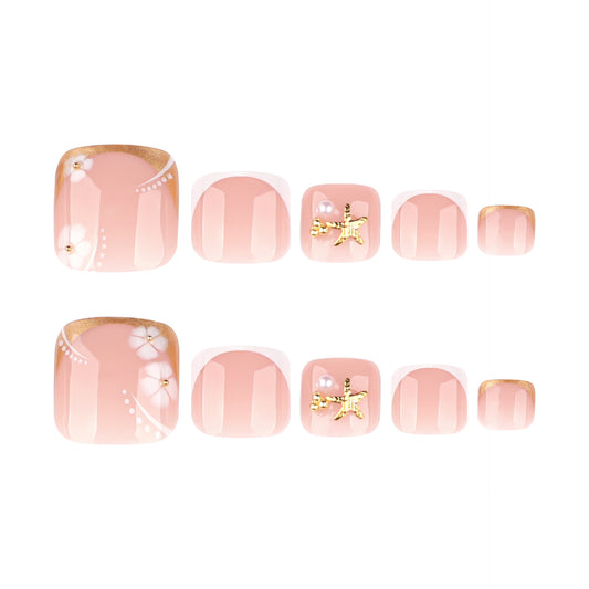 Cherry Blossom Elegance Short Square Soft Pink Press On Toenail Set with Artistic Floral and Glitter Accent