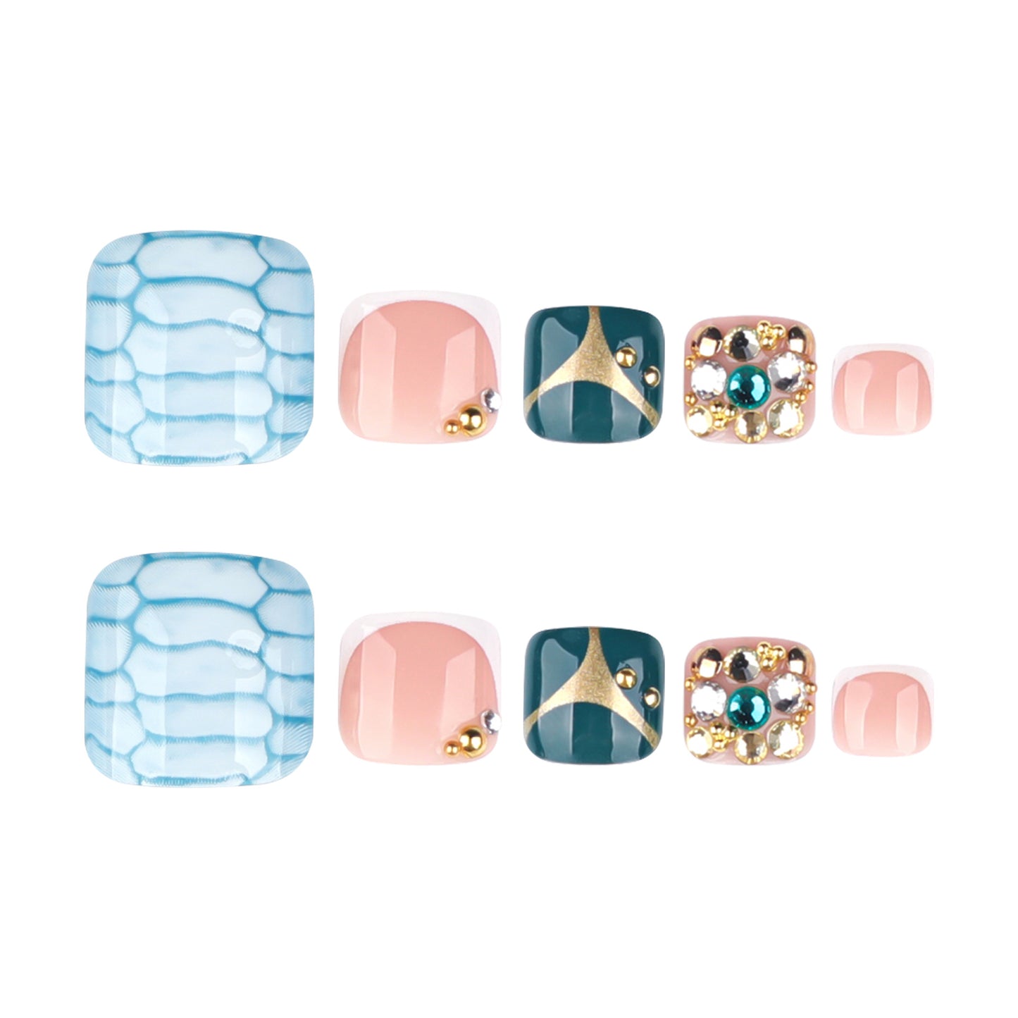 Coastal Breeze Short Square Press On Toenail Set in Aqua Blue with Elegant Gemstone Accents for a Stunning Look