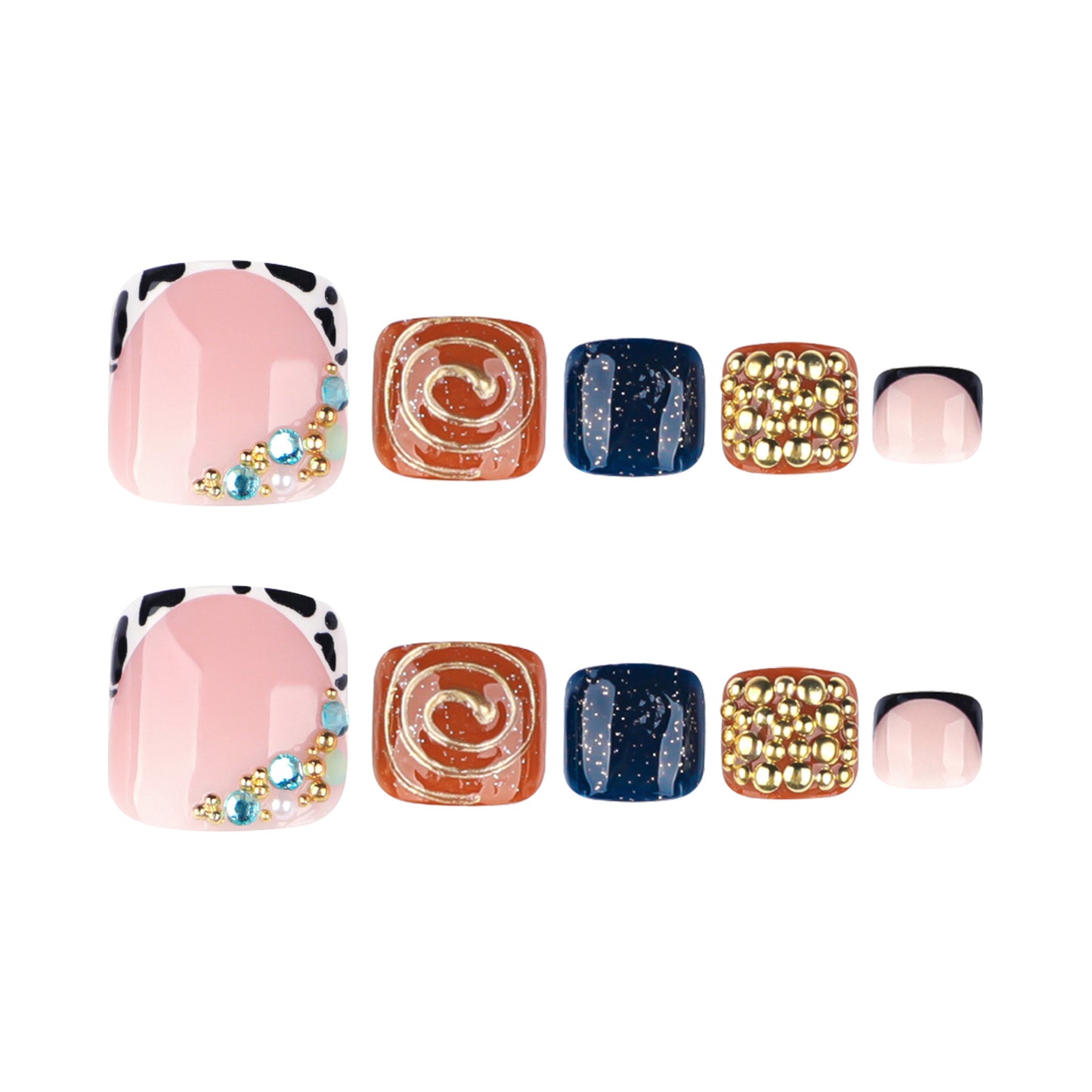 Whimsical Elegance Short Square Pink and Blue Press-On Toenail Set with Unique Gem Accents