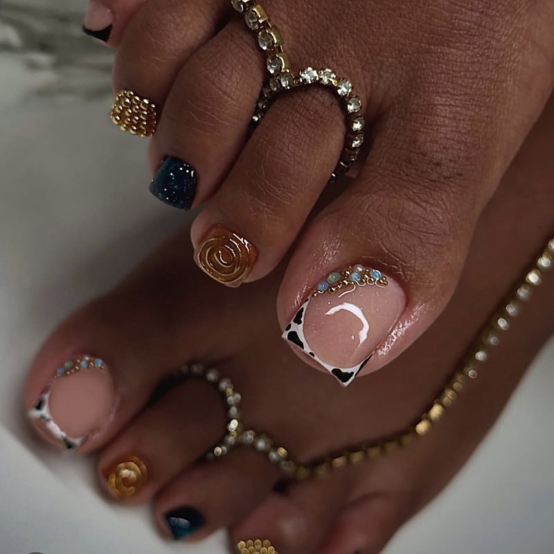 Bohemian Bliss Short Square Pink with Gold Accents and Artistic Floral Design Press-On Toenail Set