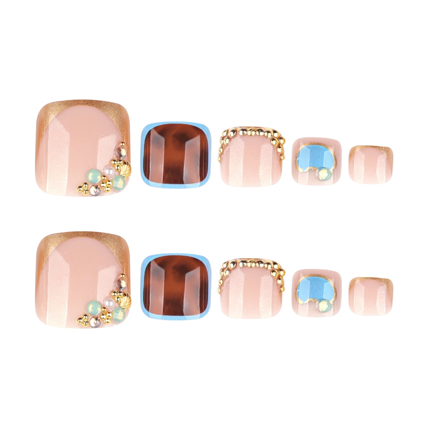 Bohemian Elegance Short Square and Coffin Pressed Toenail Set in Soft Pink and Brown with Glittering Bead Accents