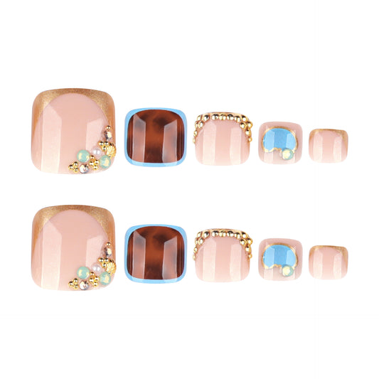Bohemian Elegance Short Square and Coffin Pressed Toenail Set in Soft Pink and Brown with Glittering Bead Accents