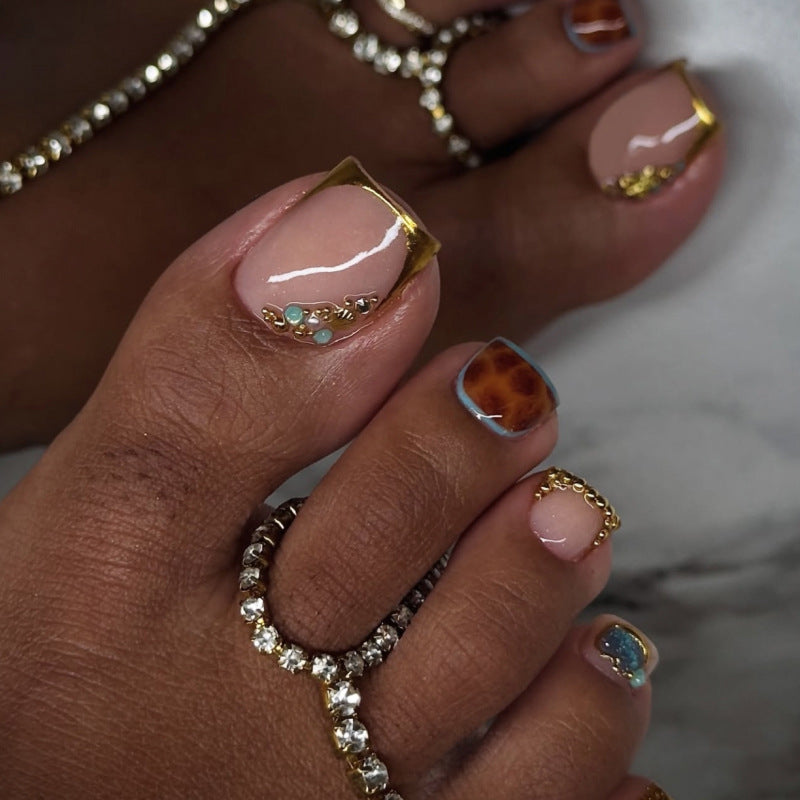 Glamorous Golden Elegance Short Square Beige with Unique Metallic Accent Press On Toenail Set