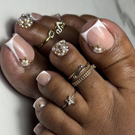 Elegant Floral Dream Short Square Soft Pink with Pearl and Gold Accents Press on Toenail Set
