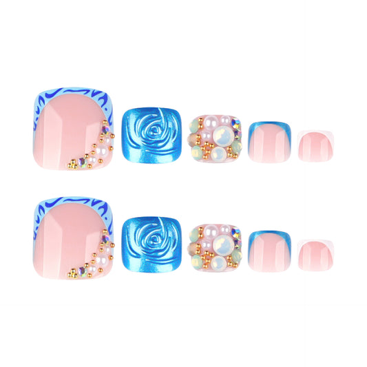 Whimsical Ocean Breeze Short Square Press On Toenail Set in Pastel Pink and Vibrant Blue with Pearl and Gold Accents