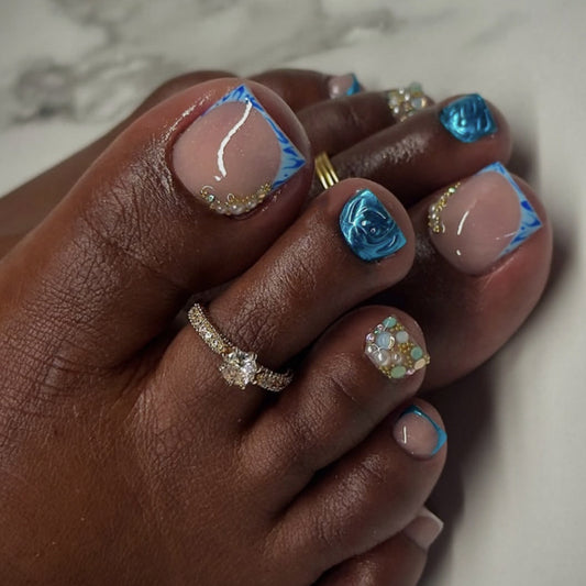 Ocean Breeze Inspired Short Square Press On Toenail Set in Blue Transparent with Floral Accents