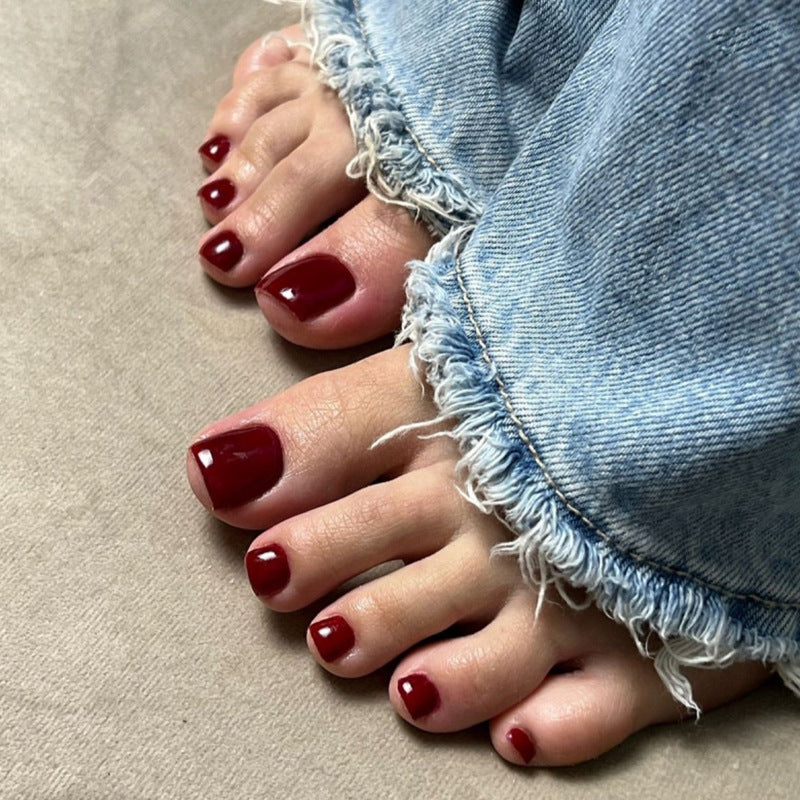Chic Elegance Short Square Glossy Deep Red Press-On Toenail Set with Stunning Finish