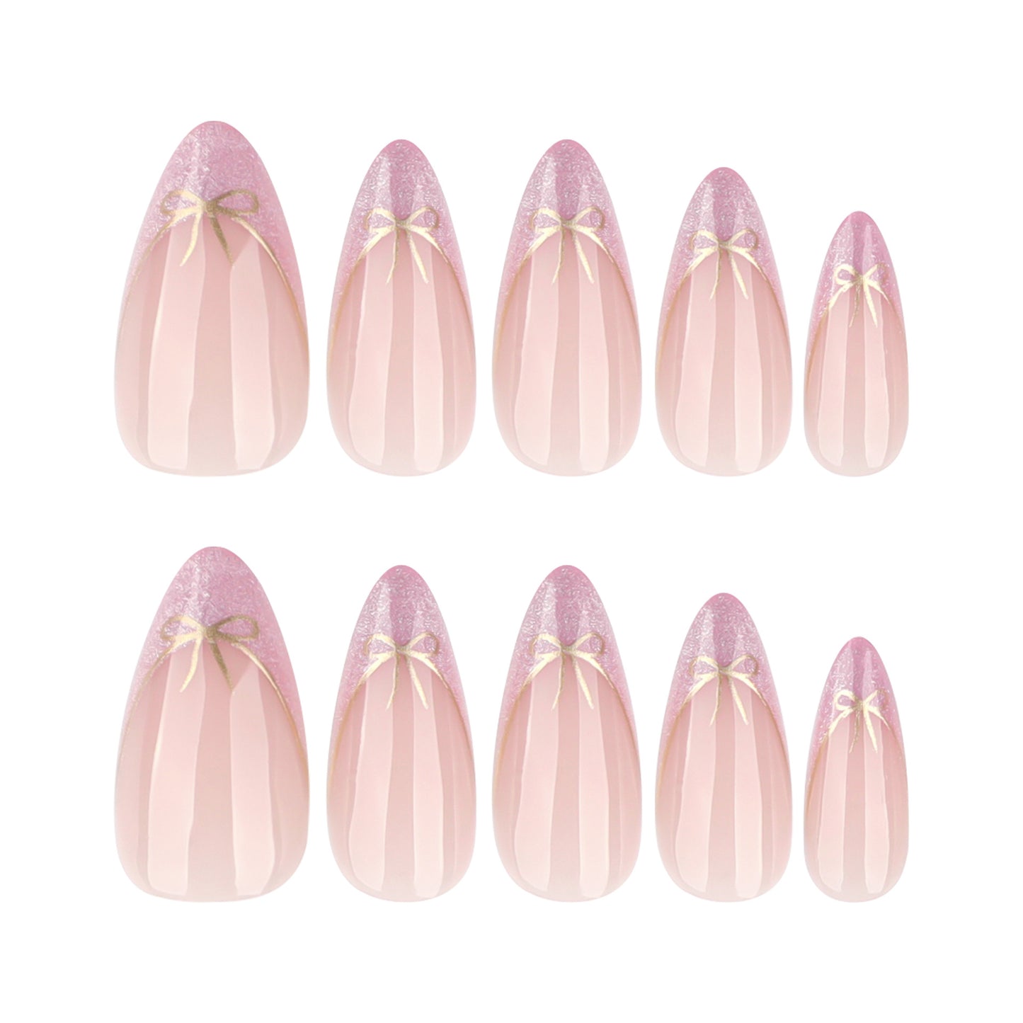 Whimsical Fairy Tale Long Almond Press On Nails in Soft Pink with Delicate Gold Bow Accents