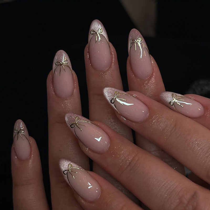 Whimsical Elegance Long Almond Pink Gradient Press On Nail Set with Dazzling Gold Bow Accents