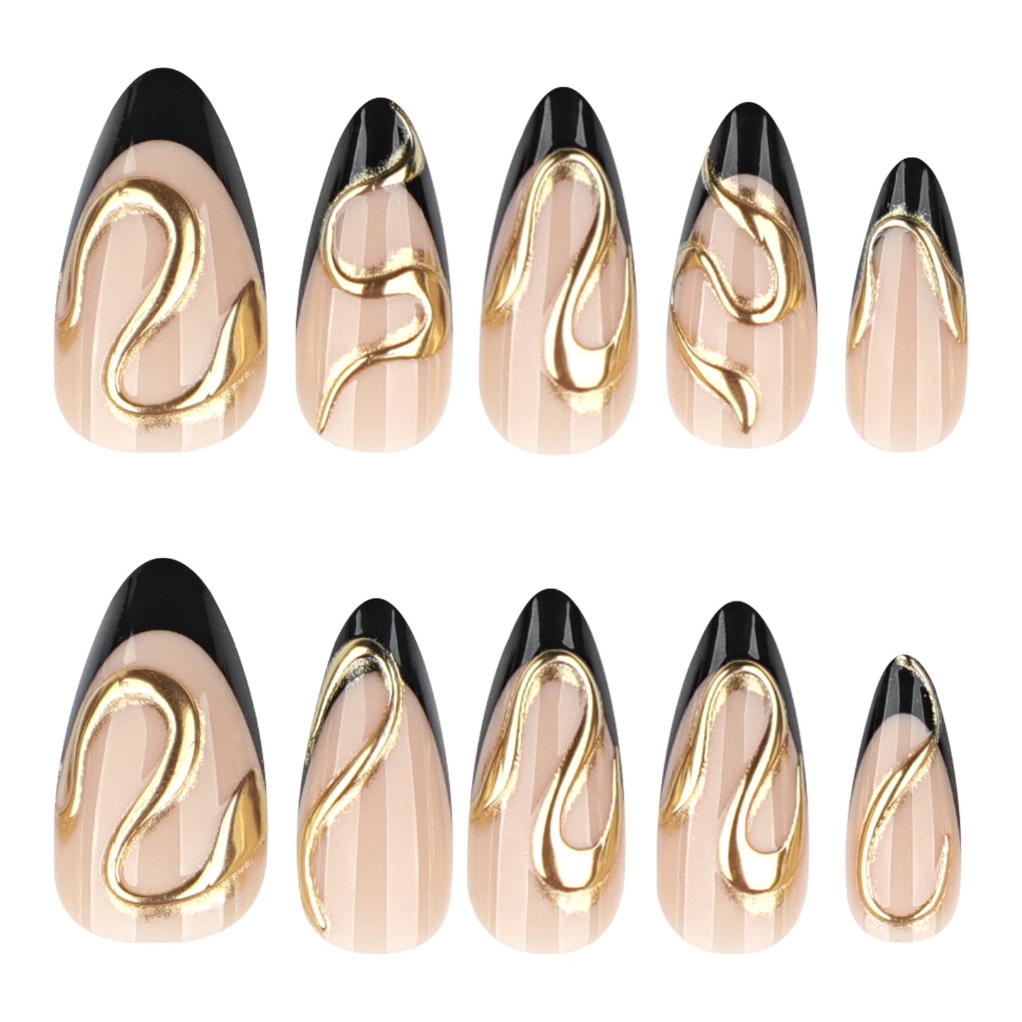 Elegant Enchantment Long Almond Shaped Beige and Black Press-On Nail Set with Unique Gold Swirl Accent