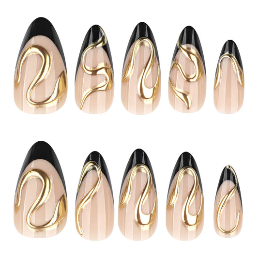 Elegant Enchantment Long Almond Shaped Beige and Black Press-On Nail Set with Unique Gold Swirl Accent