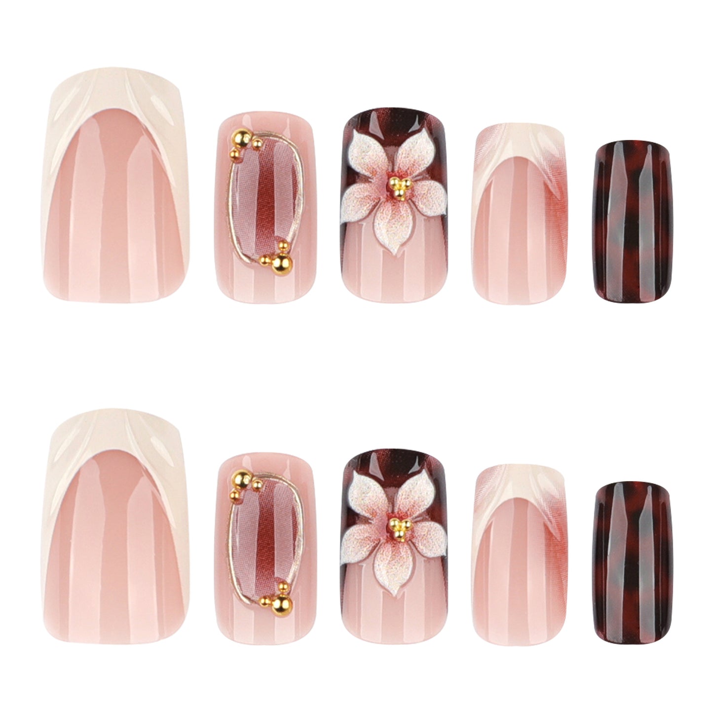 Chic Blossom Dream Press On Nail Set in Short Square Shape Soft Pink and Dark Red with Intricate Flower Accents and Gold Details