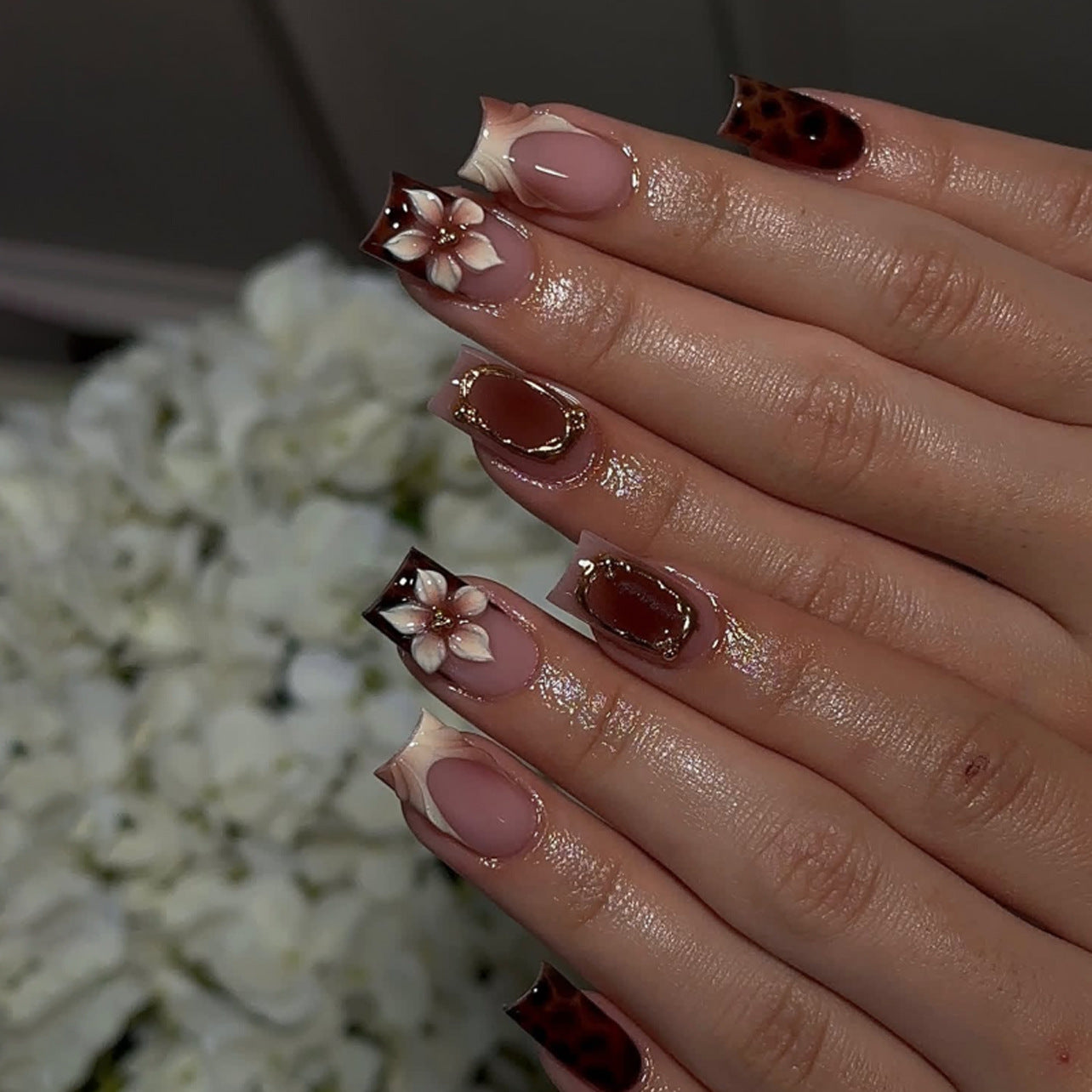 Bohemian Elegance Long Square Coffee Brown with Floral Accent Press-on Nail Set