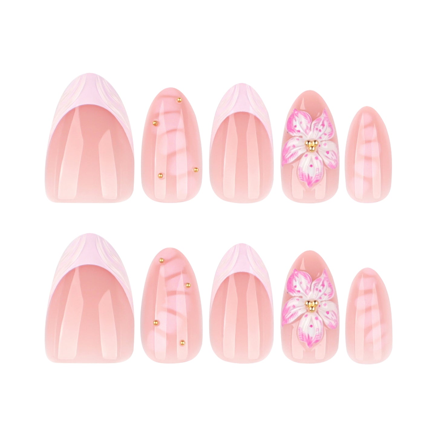 Blossom Dream Unique Medium Almond Shape Soft Pink with Floral Accents and Metallic Detailing Nail Set