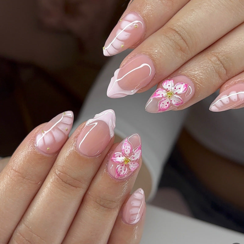 Blossom Breeze Medium Almond Pink Floral Press On Nail Set with Elegant Detailing