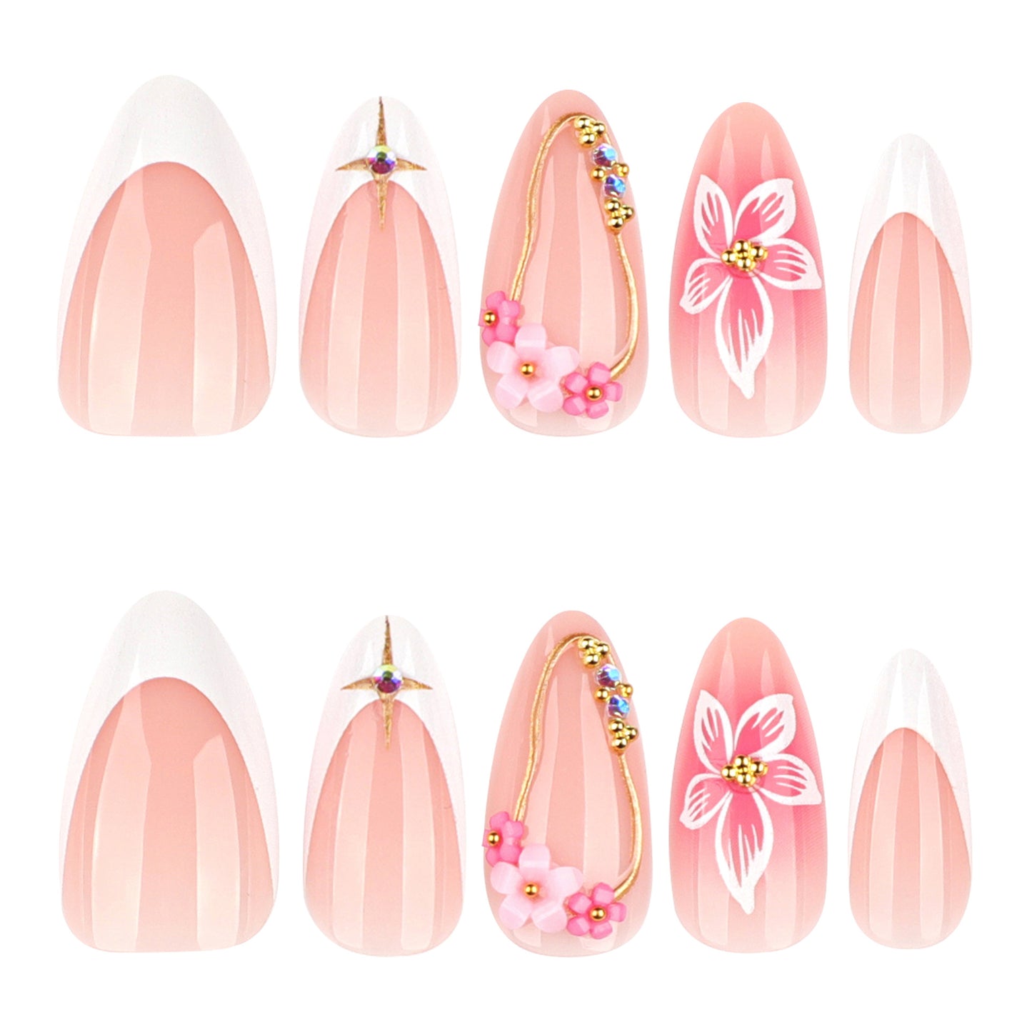 Blossom Elegance Press-On Nail Set in Medium Almond Shape Soft Pink with Floral Accents and Shiny Gold Details