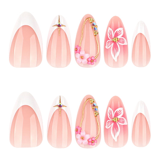 Blossom Elegance Press-On Nail Set in Medium Almond Shape Soft Pink with Floral Accents and Shiny Gold Details