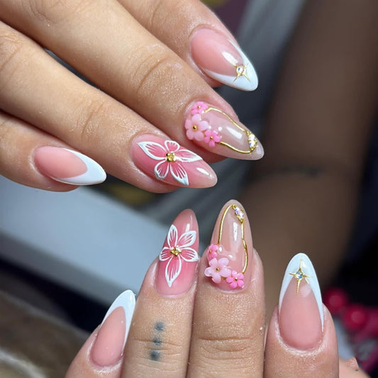 Floral Elegance Long Almond Pink Press On Nail Set with Embellished Floral Designs