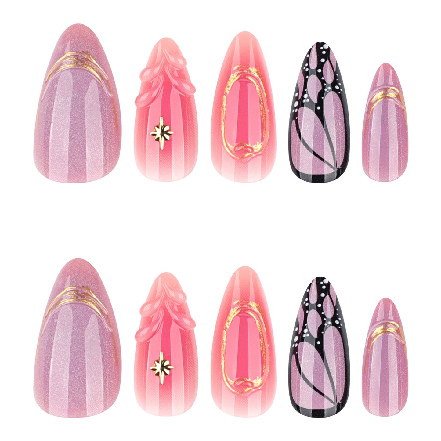 Whimsical Elegance Long Almond Pink Ombre Press On Nail Set with Glamorous Golden Accents